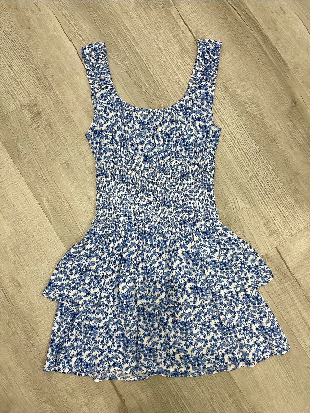 Blue Floral Smocked Tiered Mini Dress